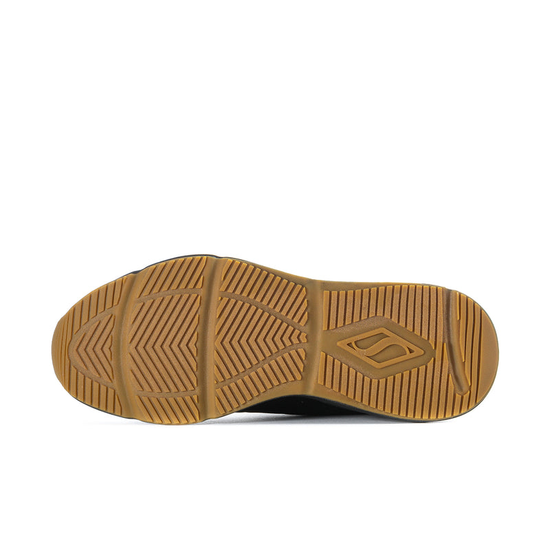 Men's black sneaker outsole tread with geometric pattern and logo mark