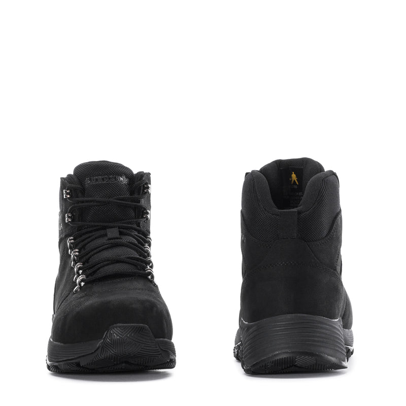 Black men’s safety boot pair, front and back views, lace-up closure and heel pull