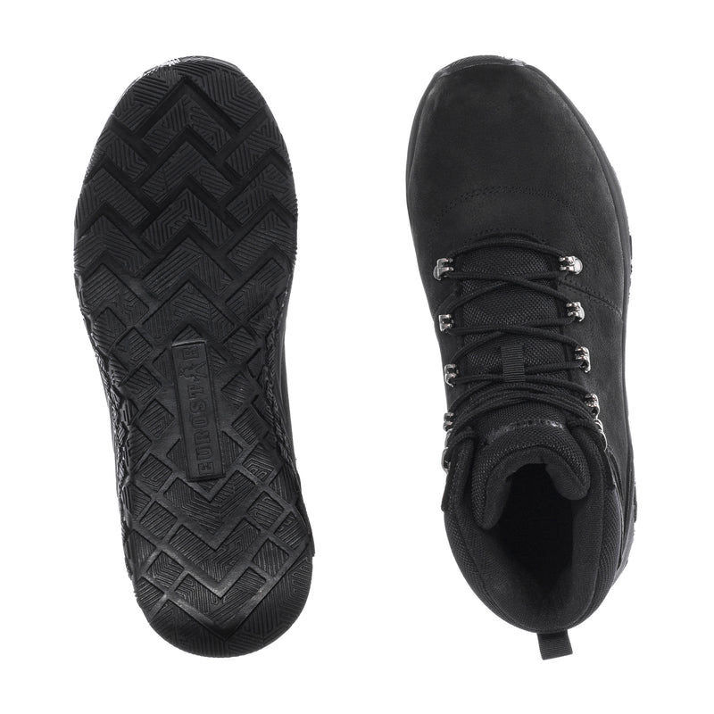 Black safety boot outsole tread and interior opening view with lace-up closure