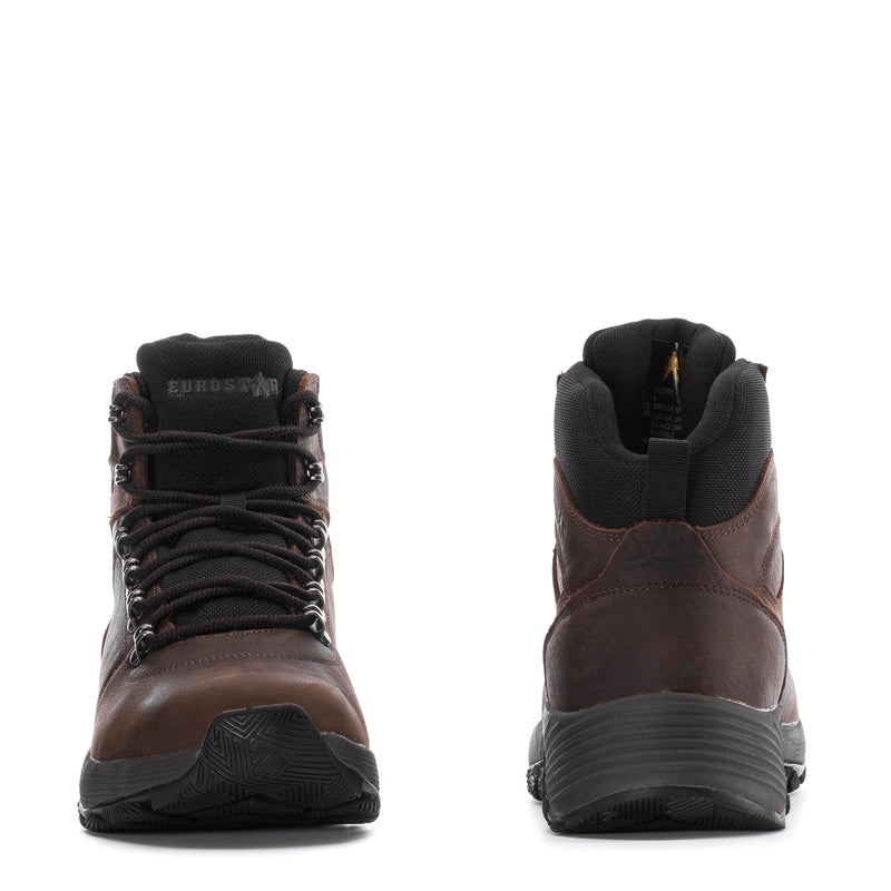 Men's dark brown lace-up boots, rear and heel showing black pull tab and cushioning