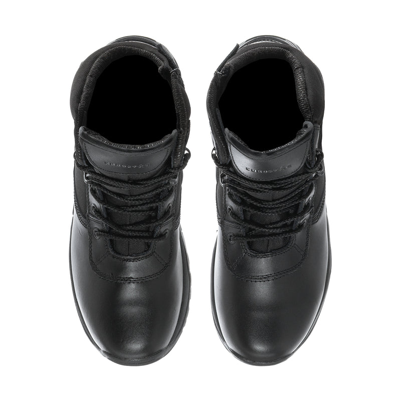 Men's black 6-inch tactical boots showing inner lining and rounded toe openings