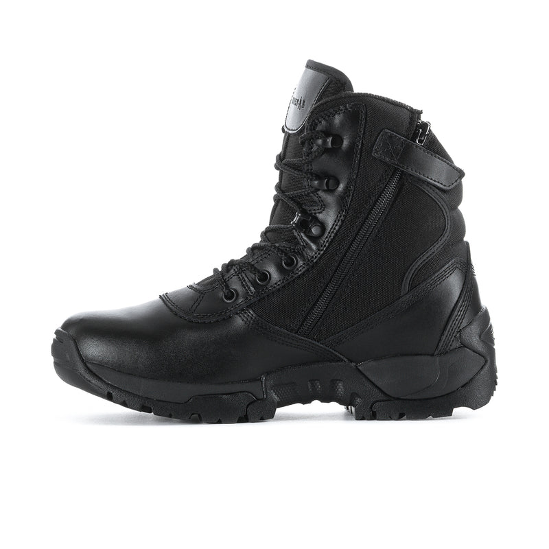 Men's black 6-inch tactical boots with side zipper detail and lace-up closure