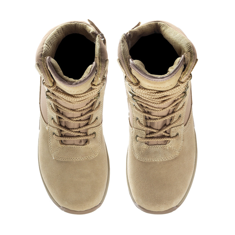 Men's taupe 8-inch lace-up boots with padded ankle collar, visible laces