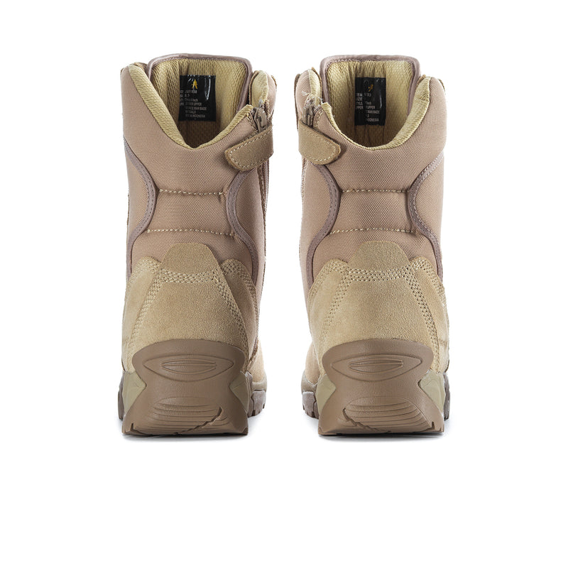 Men's taupe 8-inch boots with rear pull tabs, cushioned lining, treaded sole