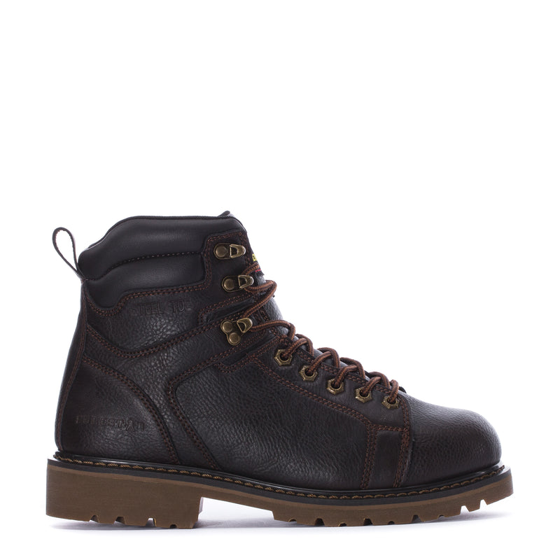 Dark brown leather lace-up ankle work boot with padded collar and rugged sole