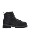 Black leather lace-up work boot with ankle straps and metal eyelets