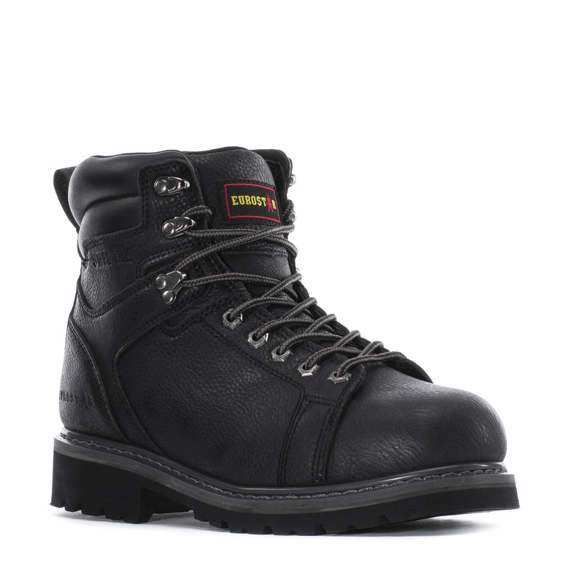 Black lace-up work boot with Eurostar side patch and padded ankle collar
