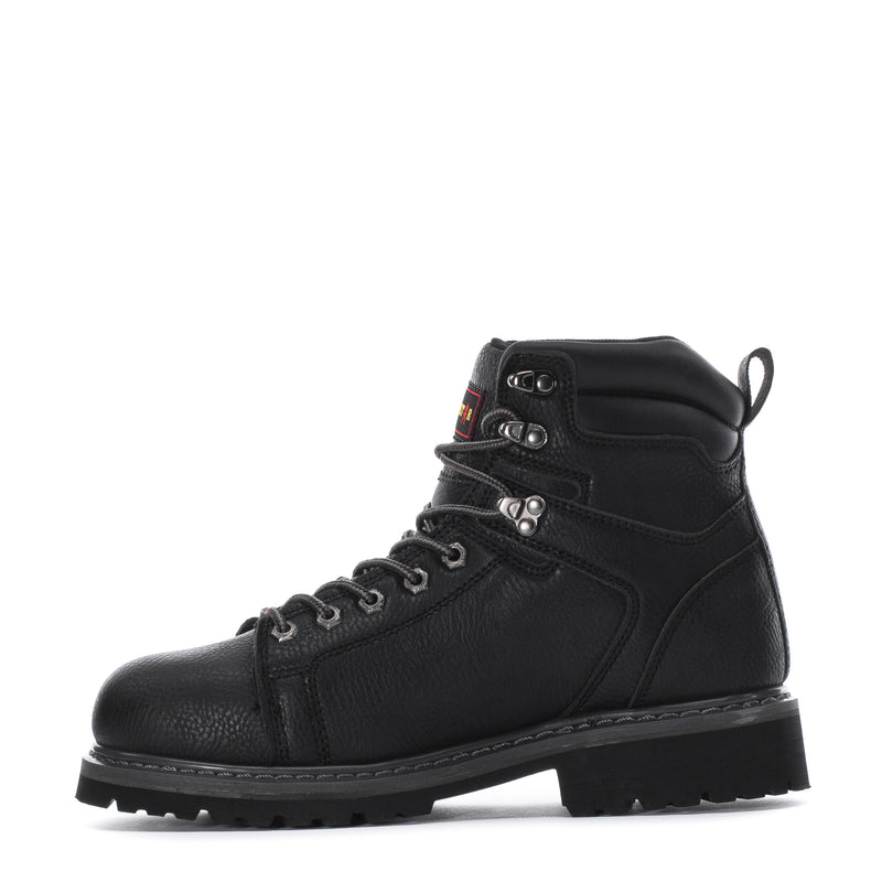 Black leather lace-up work boot with heel pull tab and padded ankle collar