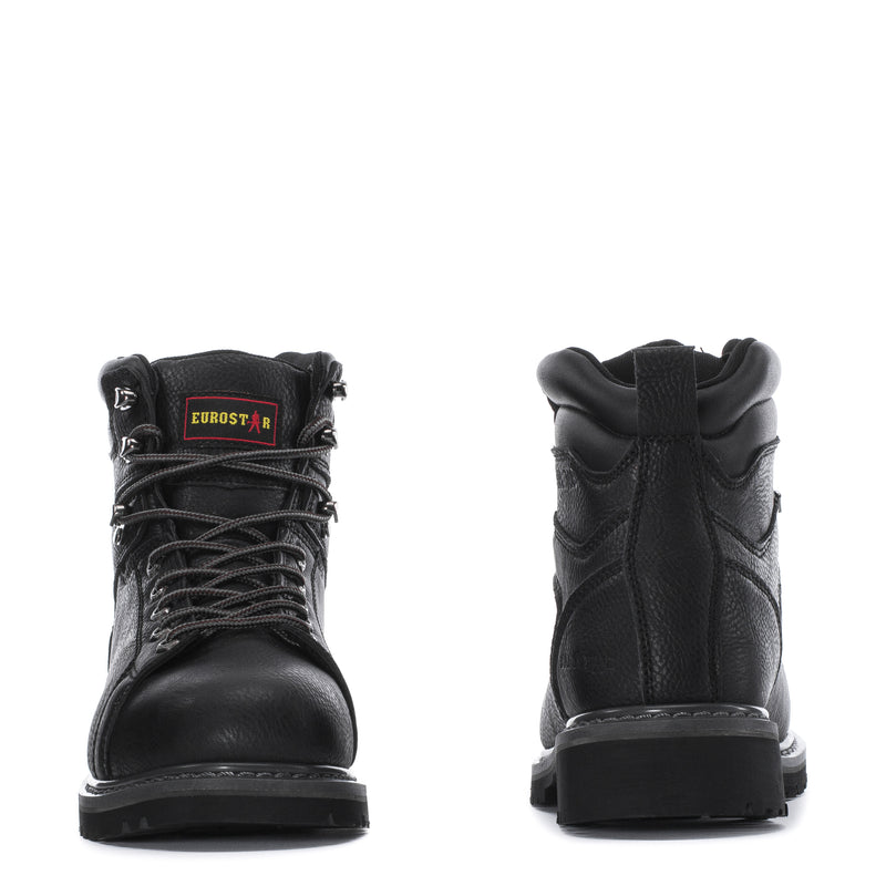 Pair of black work boots with Eurostar patch, showing front and heel views