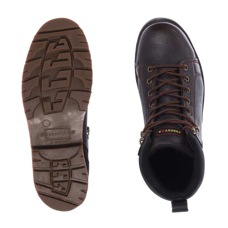Dark brown boot tread outsole and inside toe opening with lace-up front