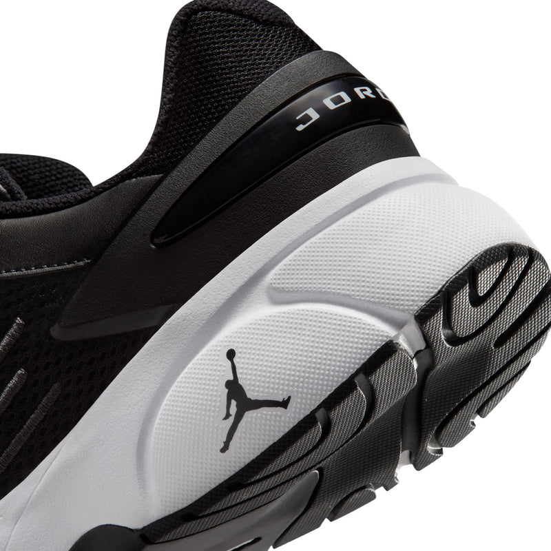 Close-up of women’s black and white sneaker heel with Jordan branding on side