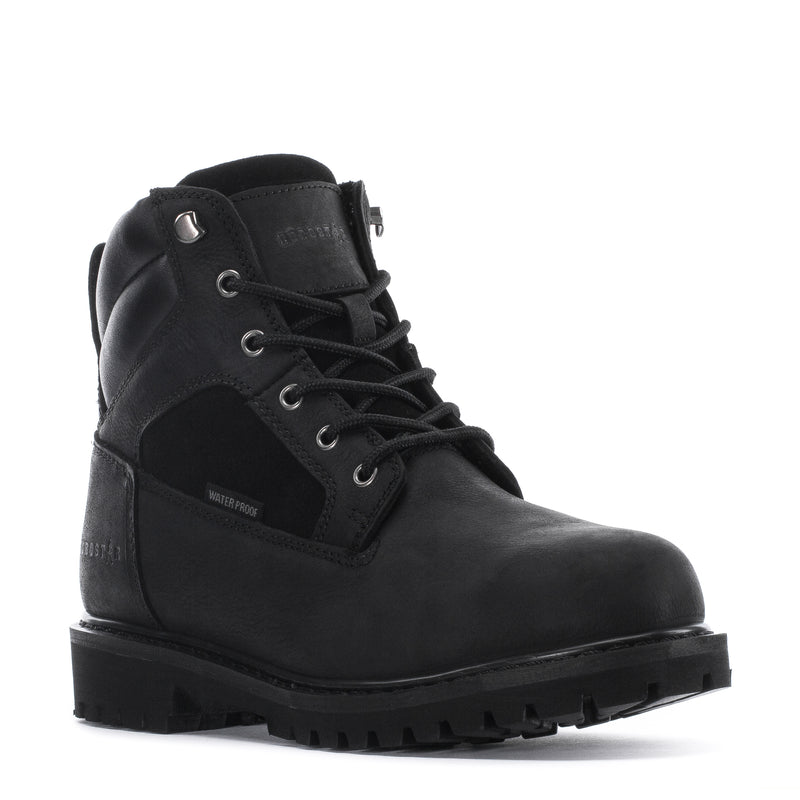 Men's black lace-up work boot, side angle, padded ankle collar and thick outsole