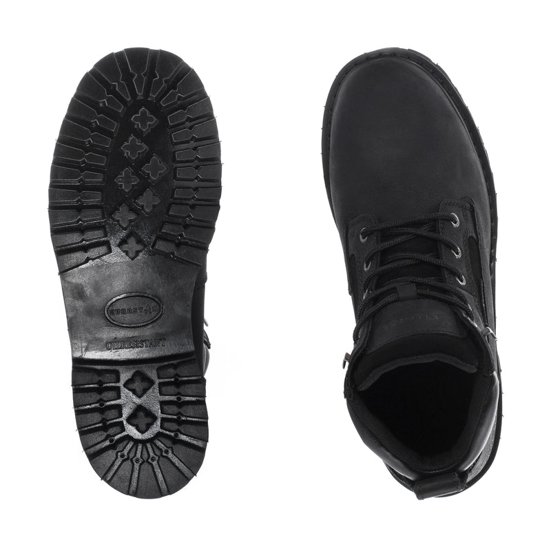 Men's black boot soles view, non-slip tread and textured rubber outsole