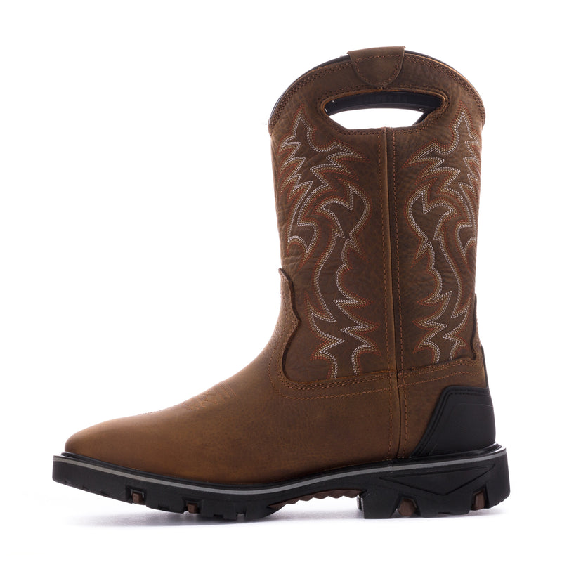 Men's brown cowboy boot with western stitched shaft and black side panels, black sole