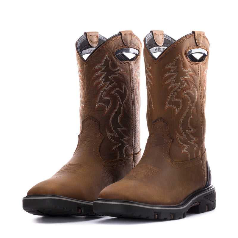 Pair of men's brown cowboy boots with western embroidery and black rubber soles