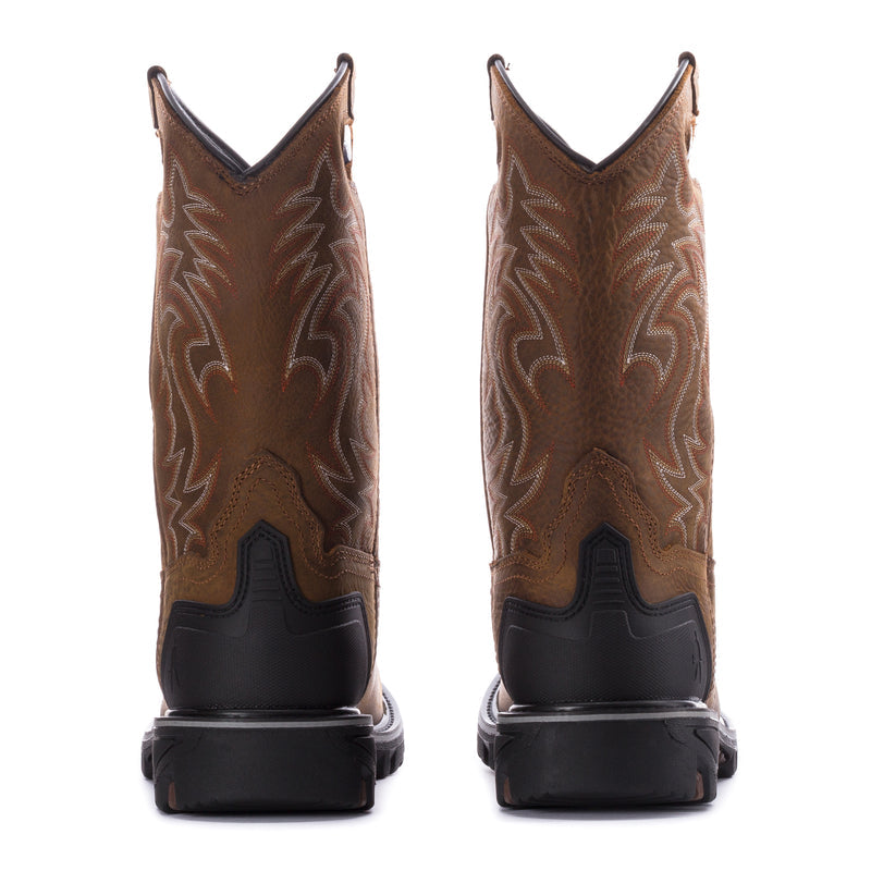 Back view of men's brown cowboy boots with western embroidery and black heel