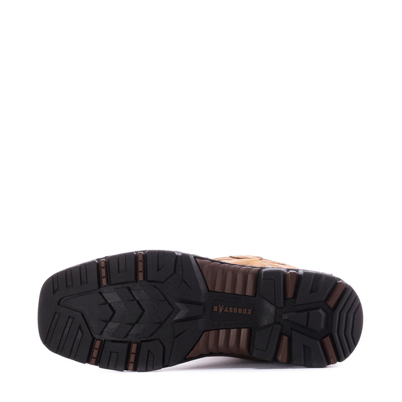Men's brown cowboy boot outsole tread with black rubber traction sole