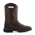 Men's dark brown pull-on western boots, embroidered shaft pattern, black rubber sole