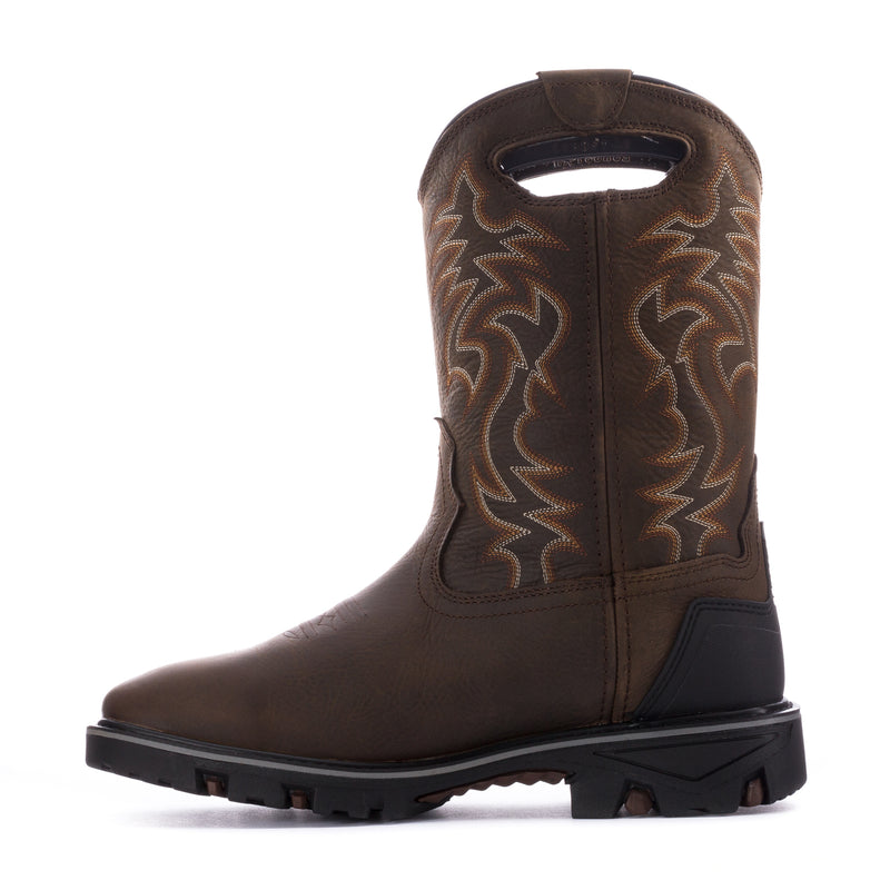 Men's dark brown pull-on western boots with embroidered side panels and black rubber sole