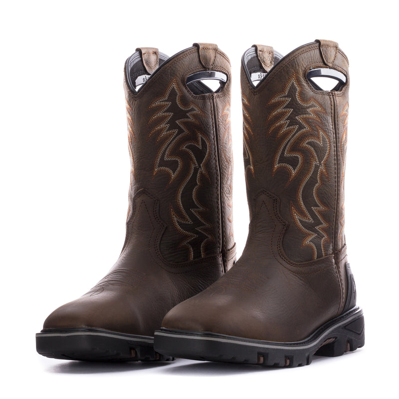 Pair of men's dark brown pull-on western boots with embroidered shafts and black soles