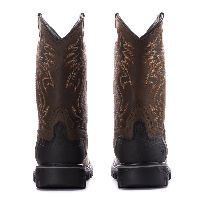 Men's dark brown western boots, embroidered shafts with black heel and padded back collar