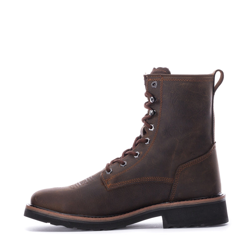 Men's Tuffy dark brown lace-up steel-toe work boot, front three-quarter view