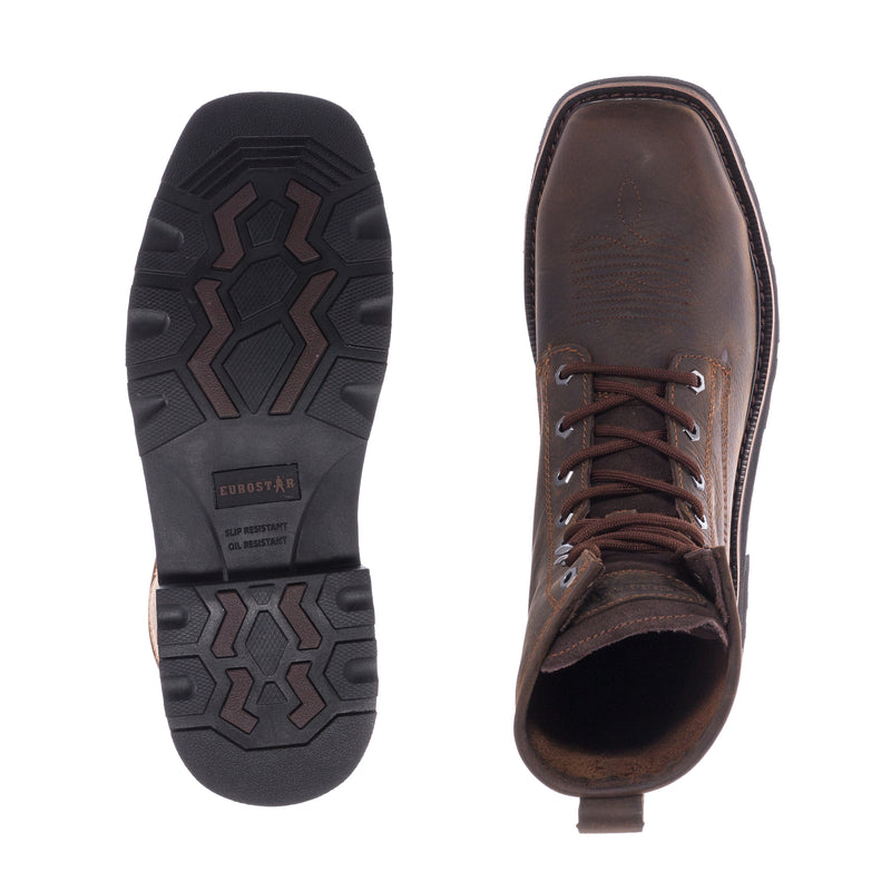 Men's Tuffy dark brown boot outsole tread and interior steel-toe view