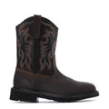 Men's square-toe steel-toe work boot, dark brown leather with embroidered side panels