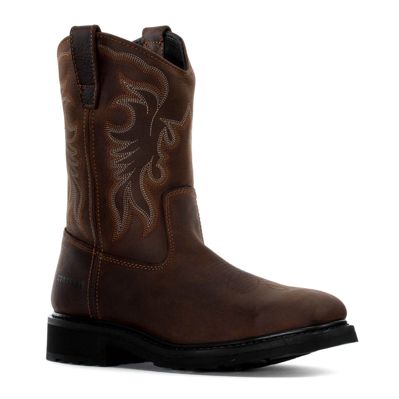 Dark brown men's pull-on work boot with wingtip-style side embroidery and heel panel