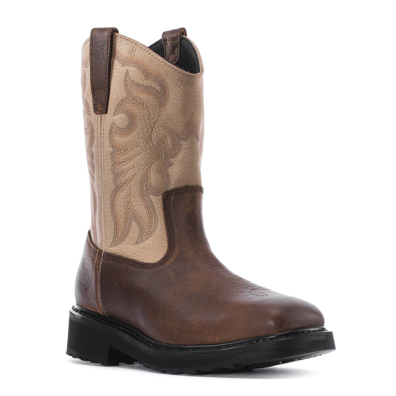 Men's tan and brown square-toe steel-toe boots, side view with pull straps