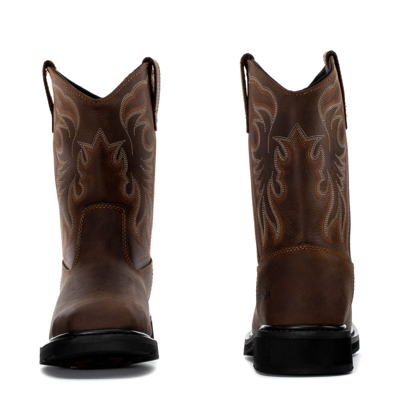 Pair of dark brown men's pull-on boots with side embroidery and pull tabs