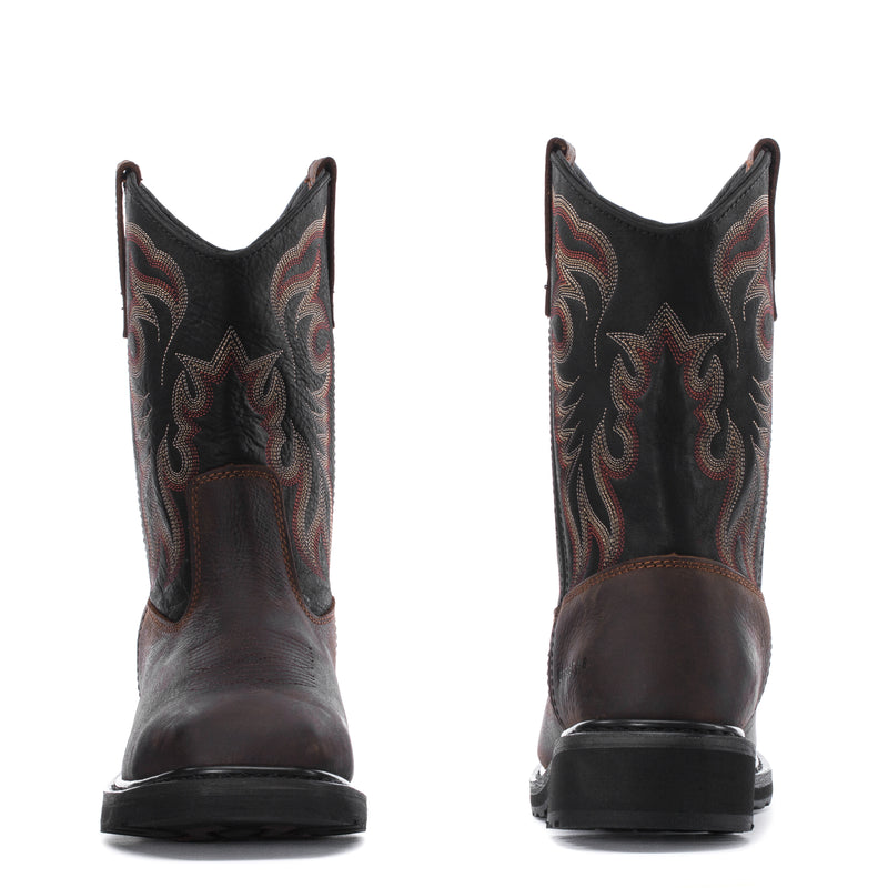 Men's square-toe steel-toe work boot, side and back views with embroidered shaft and heel
