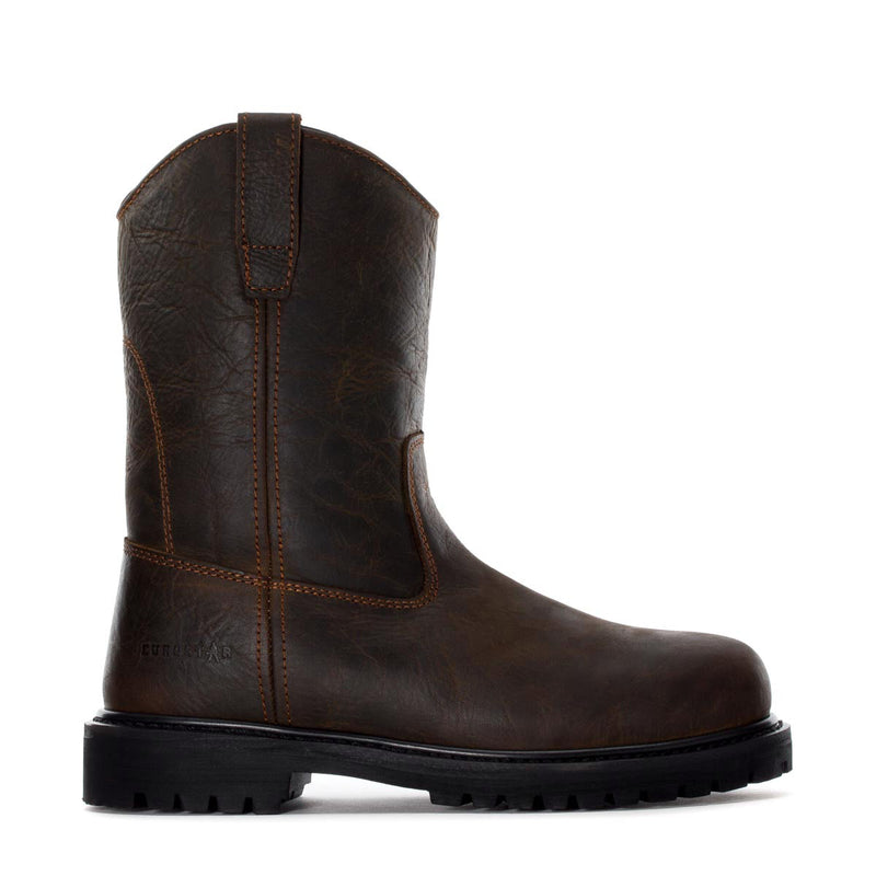 Men's steel-toe work boot in dark brown leather, pull-on style with lug outsole