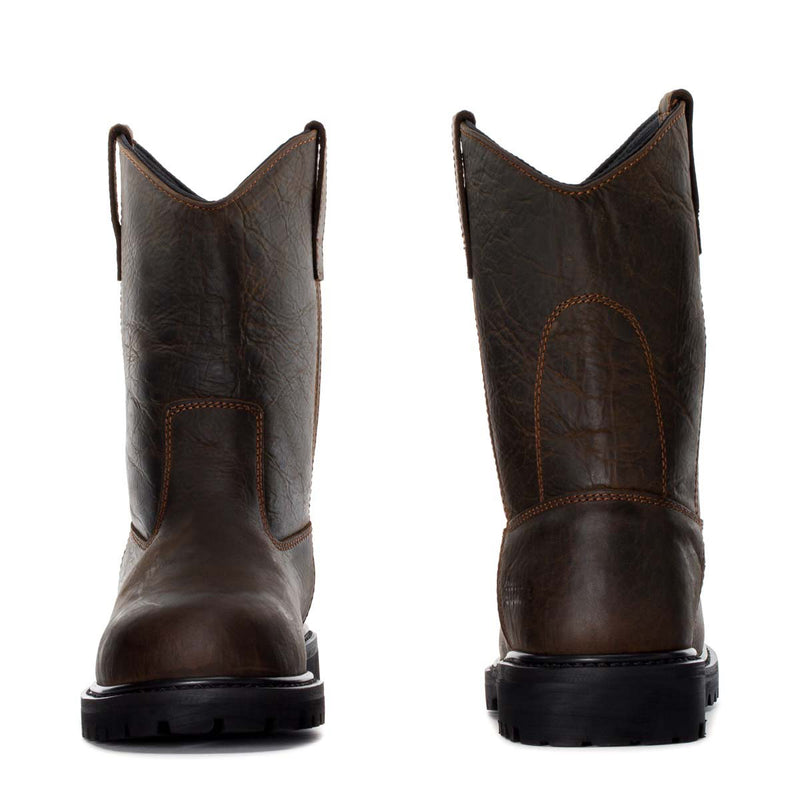 Men's steel-toe work boot in dark brown leather, rear view with pull tabs