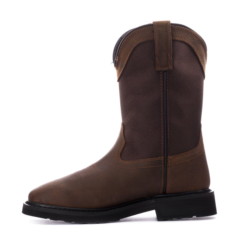 Brown leather men's wide-calf pull-on boots, side view with black rubber sole