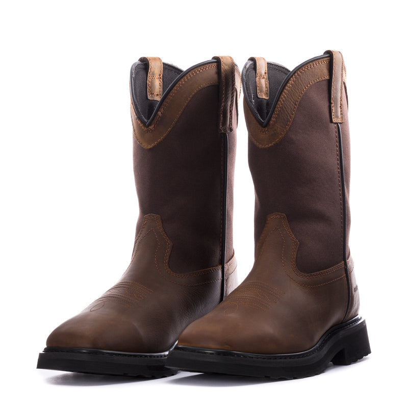 Pair of brown leather men's wide-calf pull-on boots with black rubber soles