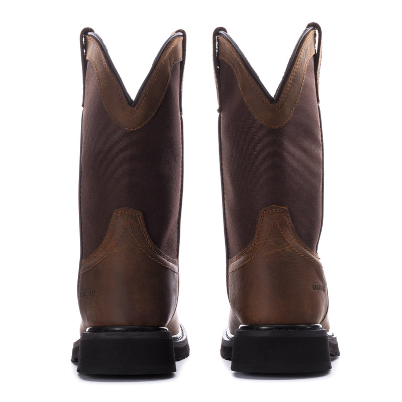 Brown leather men's wide-calf pull-on boots, back view with black rubber heels
