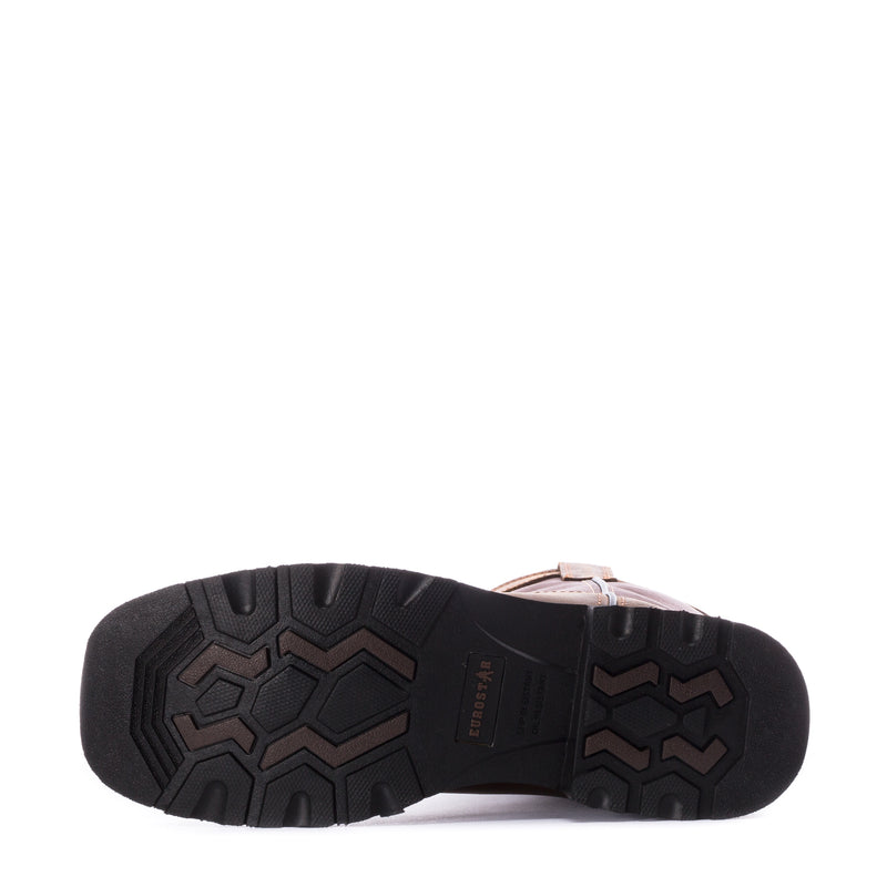 Black rubber boot outsole with tread and brown upper edge visible