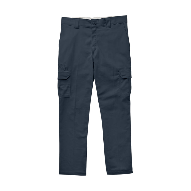 Dark navy twill cargo pants with belt loops and multiple side cargo pockets