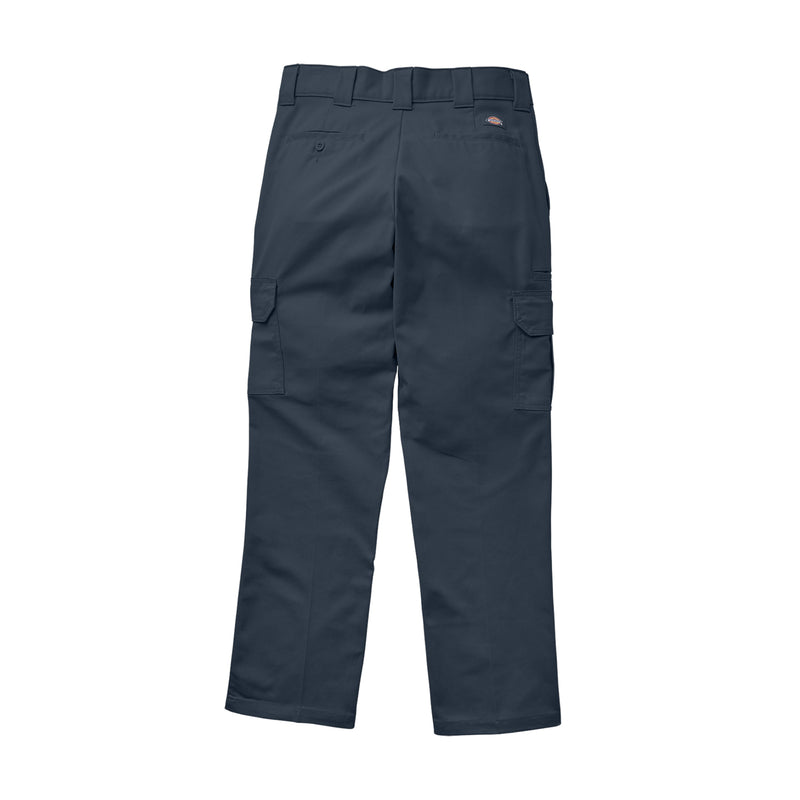 Dark navy twill cargo pants laid flat, with belt loops and side cargo pockets