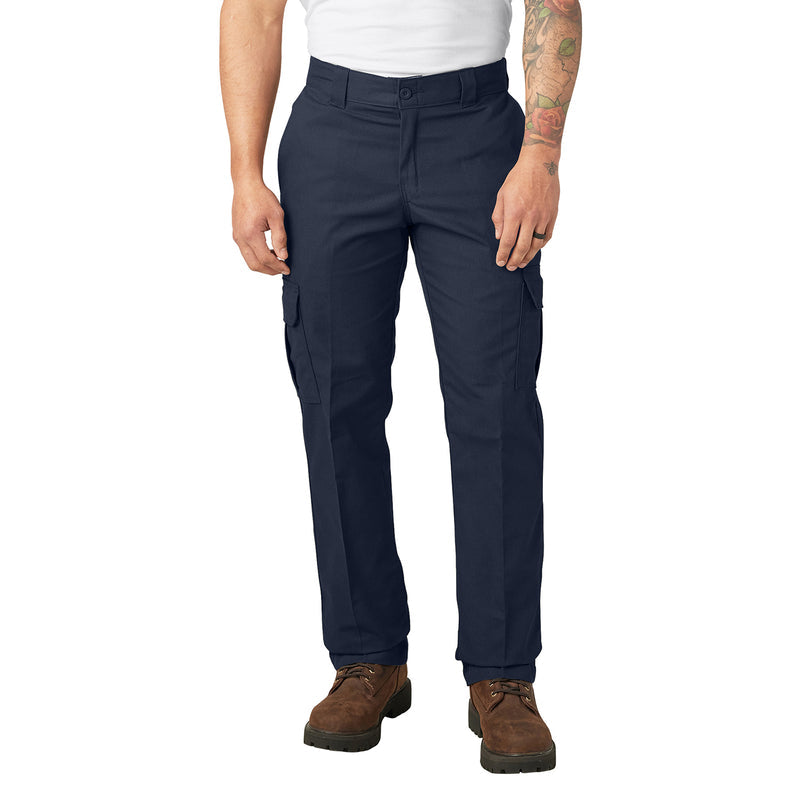 Dark navy mens twill cargo pants, front view with side cargo pockets and cuffed hem