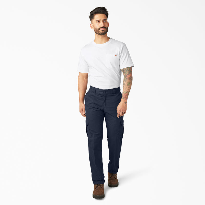 Dark navy twill cargo pants on model, front view with belt loops and side pockets