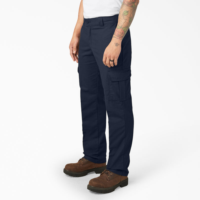Dark navy twill cargo pants on model, side view with cargo pockets and straight leg