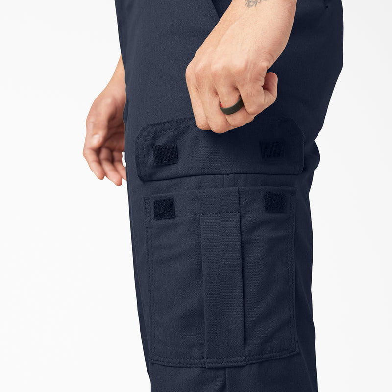 Dark navy twill cargo pants with flap cargo pockets and stitched reinforcement at seams