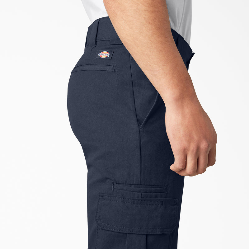 Dark navy twill cargo pants, side view with cargo pocket and buttoned closure