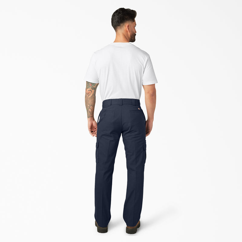 Dark navy twill cargo pants on model, back view with belt loops and rear pockets