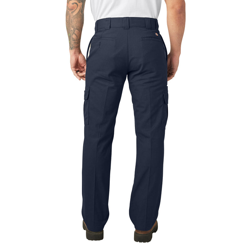 Dark navy twill cargo pants on model, rear view with cargo pockets and straight fit