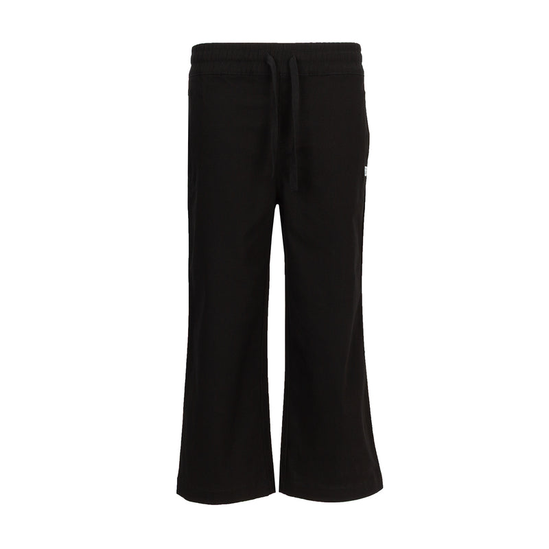 Youth black twill lounge pants with elastic drawstring waist and wide straight legs