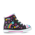 Toddler black glitter high-top sneakers with rainbow stars and white rubber sole