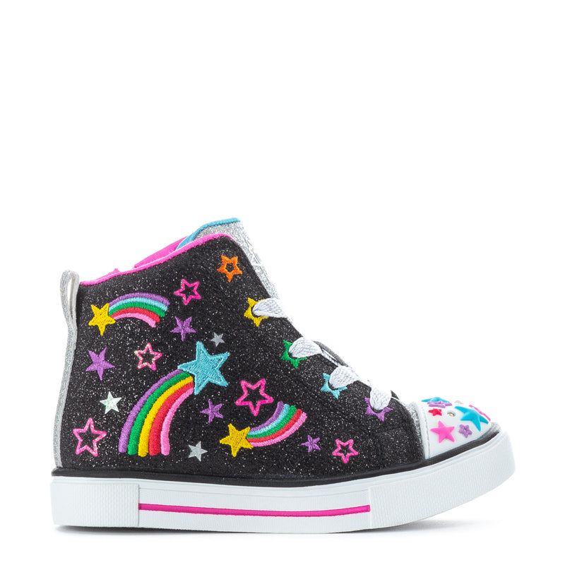 Toddler black glitter high-top sneakers with rainbow stars and white rubber sole